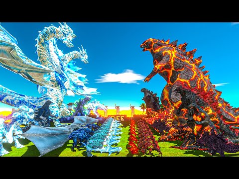 Ice Dragon + Team Ice + ICE Ghidorah VS FIRE Godzilla + Team Lava + VOLCANO Godzilla
