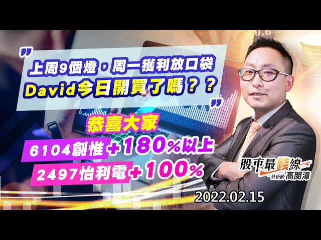 20220215《股市最錢線》#高閔漳，” 上周9個燈，周一獲利放口袋，David今日開買了嗎？？””恭喜大家6104創惟+180%，2497怡利電+100%”