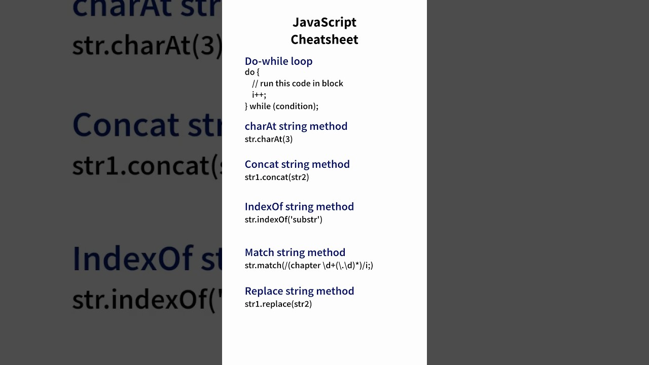 JavaScript Cheatsheet! String methods, conditional statements and loops.