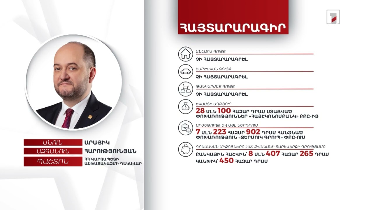 Ո՛չ անշարժ, ո՛չ շարժական գույք. ՀՀ վարչապետի աշխատակազմի ղեկավար Արայիկ Հարությունյանի հայտարարագիրը