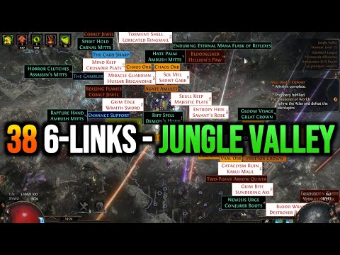 PoE Magic Find Maps (08) - 38 6-LINKS - JUNGLE VALLEY MAP - ICE SHOT MF BUILD - VAAL WINDS FARMING