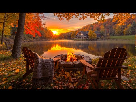 🌞 Serene Autumn Sunrise over the Lake 🔥 Relaxing Campfire, Birdsong & Calming Fall Forest Ambience