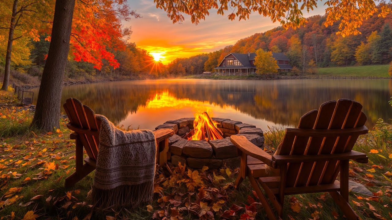 🌞 Serene Autumn Sunrise over the Lake 🔥 Relaxing Campfire, Birdsong & Calming Fall Forest Ambience