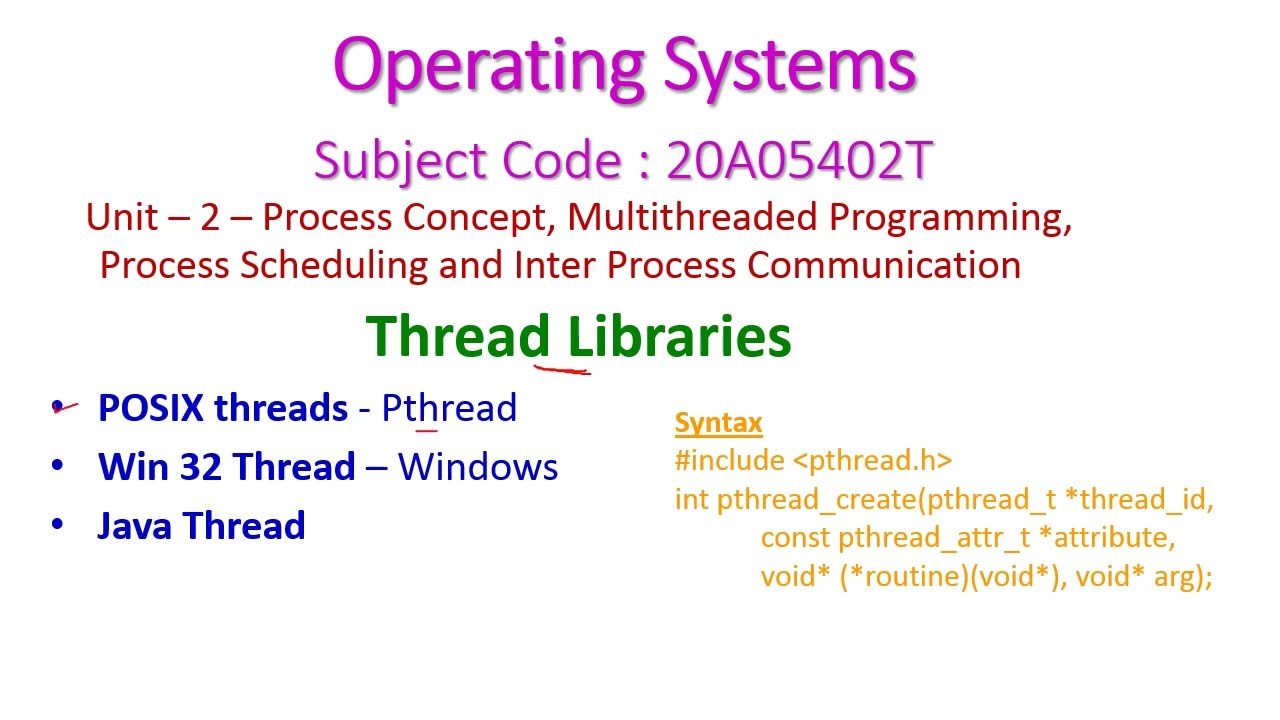 Thread Libraries-Operating Systems-20A05402T-POSIX threads-Pthread,Win 32 Thread–Windows,Java Thread