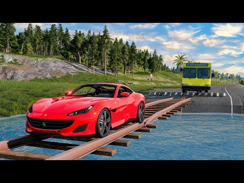 Cars vs Train Track Bridge Drive Challenge Ends in Total Destruction!