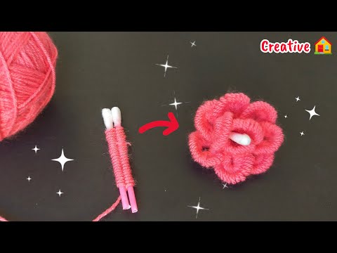 Amazing Woolen Flower Craft Idea Using Cotton Buds | Easy Handmade Flower Making | Woolen Crafts
