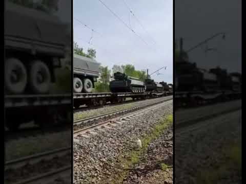 Russian train carrying trucks and armor￼ to the front lines in Ukraine. #russiaukrainewar #shorts