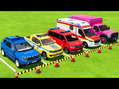 TRANSPORTING DACIA, VOLKSWAGEN POLICE VEHICLES & MERCEDES, FORD AMBULANCE CARS WITH MAN TRUCKS! FS22