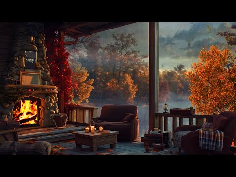 Rainy Autumn Day w/ Crackling Fireplace in a Cozy Hut Ambience - Fire and Rain Sound for Sleep, Rest