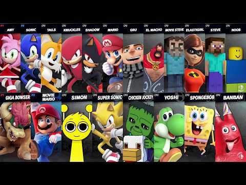Sonic vs Mario vs Roblox vs Minecraft vs SpongeBob vs Shadow | Super Smash Bros Ultimate