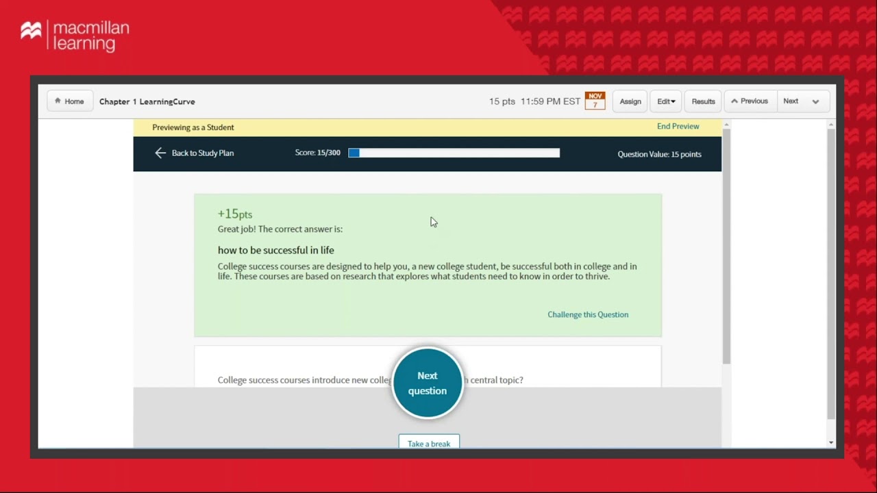 Adaptive Assessment with Learning Curve in LaunchPad for College Success