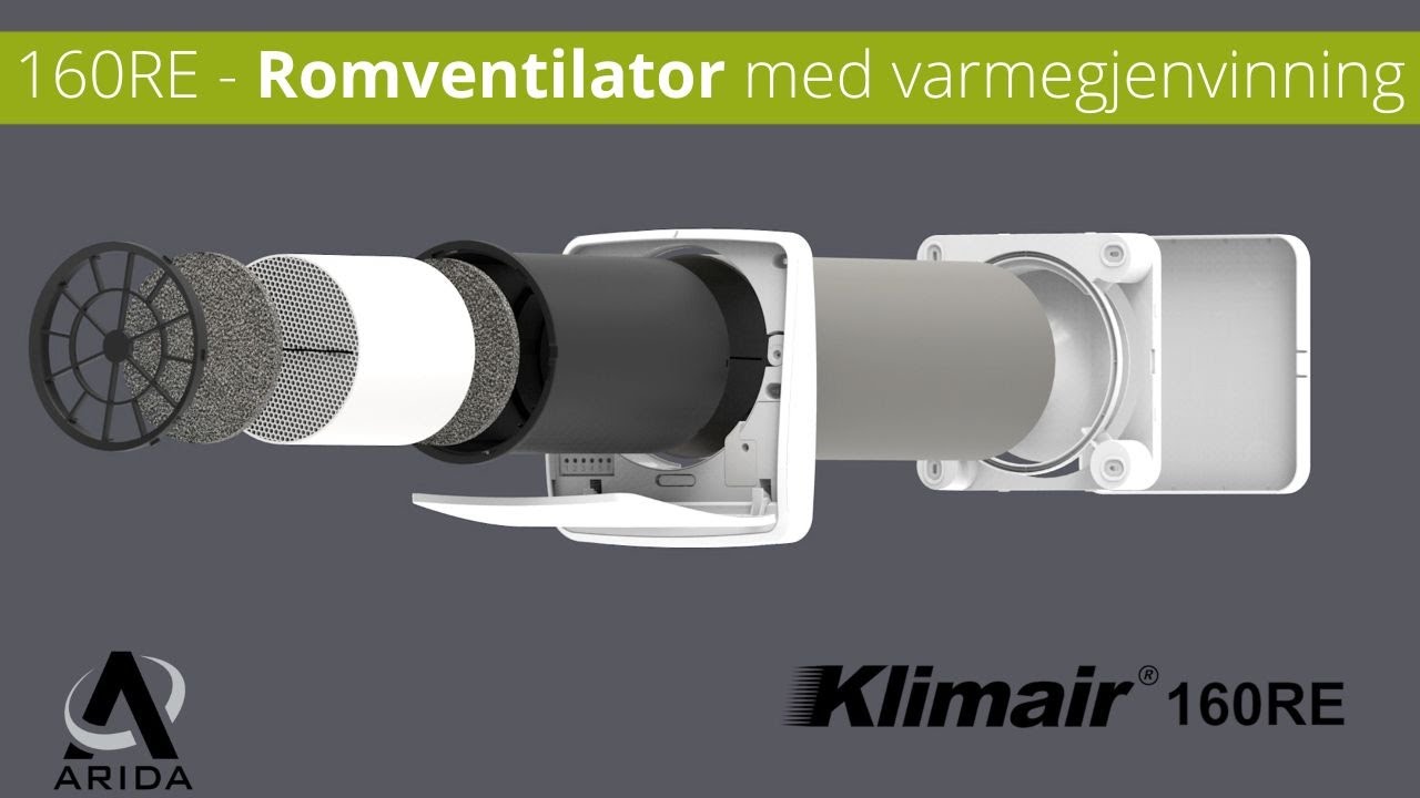 Arida 160RE stille romventilator med stor varmeveksler