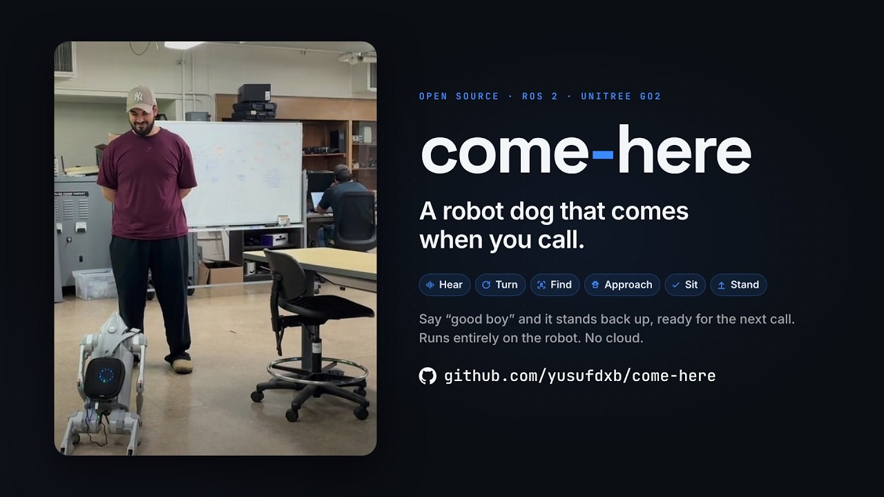 come-here demo video: three live runs on a Unitree GO2