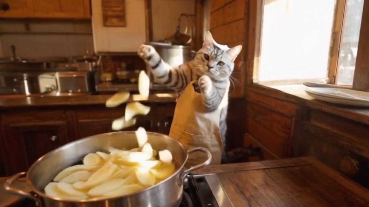 Cat Chef makes Hot Dogs and Potato Chips. Relaxing and Healing Kitten Cooking ASMR.