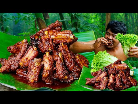 Pork Ribs Honey Recipe | Fried Braise Pork Ribs Honey Cooking In Forest