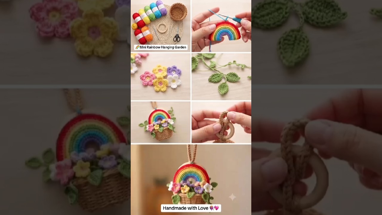 🌈 mini Rainbow hanging garden #shorts #crochet #rainbow #trending #viral