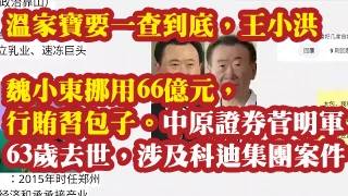 温家宝要一查到底，王小洪魏小东挪用66亿元，行贿习包子。中原证券菅明军63岁去世，涉及科迪集团案件。17亿货币资金不翼而飞。