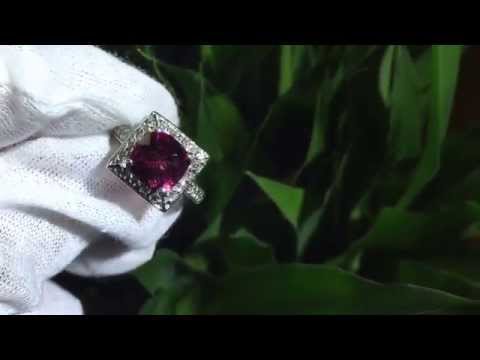 18k White Gold natural Pink Rose cushion cut Tourmaline & VS Diamond ring 3.61 carats