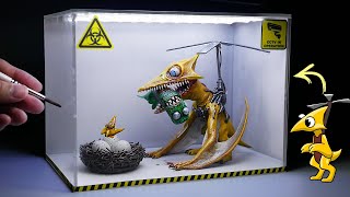 Diorama of realistic Rainbow Friends Yellow Hunted Green in the Laboratory