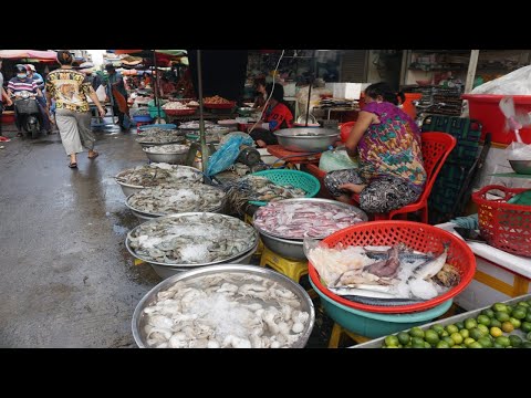 Cambodia Evening Street Market - Plenty Seafood, Fresh Vegetable, River Fish & More Food @ChbarAmpov