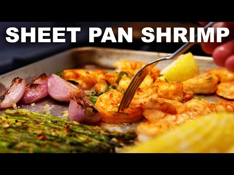 Two sheet pan shrimp dinners | asparagus & sweet corn, chickpeas & leeks