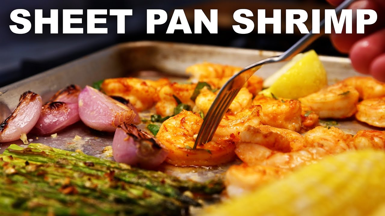 Two sheet pan shrimp dinners asparagus & sweet corn, chickpeas & leeks