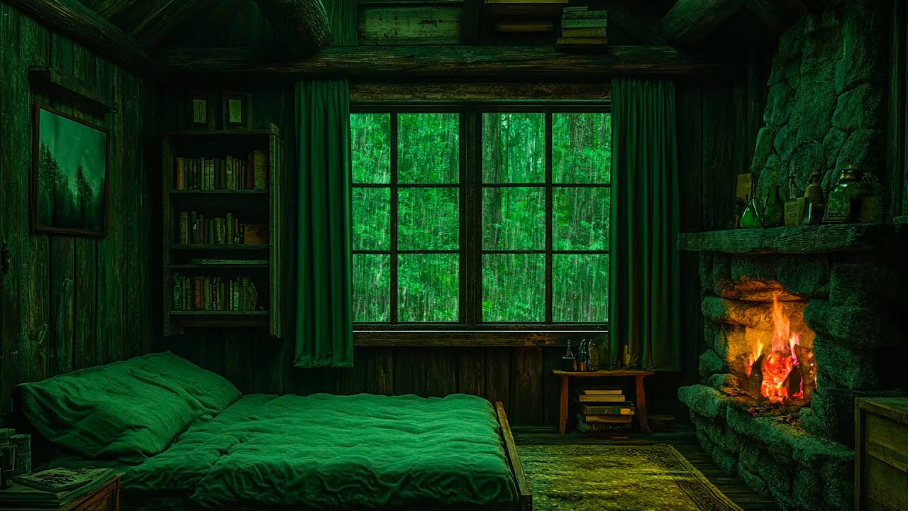 Rainy Night Relaxing Cabin Bedroom | Warm Fireplace and Nature Sounds Help You Fall Asleep Quickly