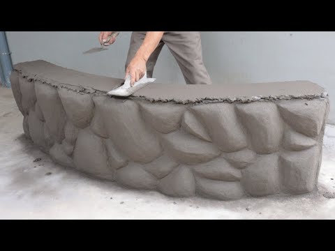 Construction A Bench Curved With Brick-  How To Stone Effect On The Wall
