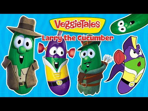 VeggieTales cover: Larry the Cucumber in a trench coat and hat, with three costumed veggie friends on a bright blue background.