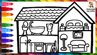 Dibuja y Colorea Una Casa Arcoiris 🏠🛋️🚽🛏️🔪🌈 Dibujos Para Niños
