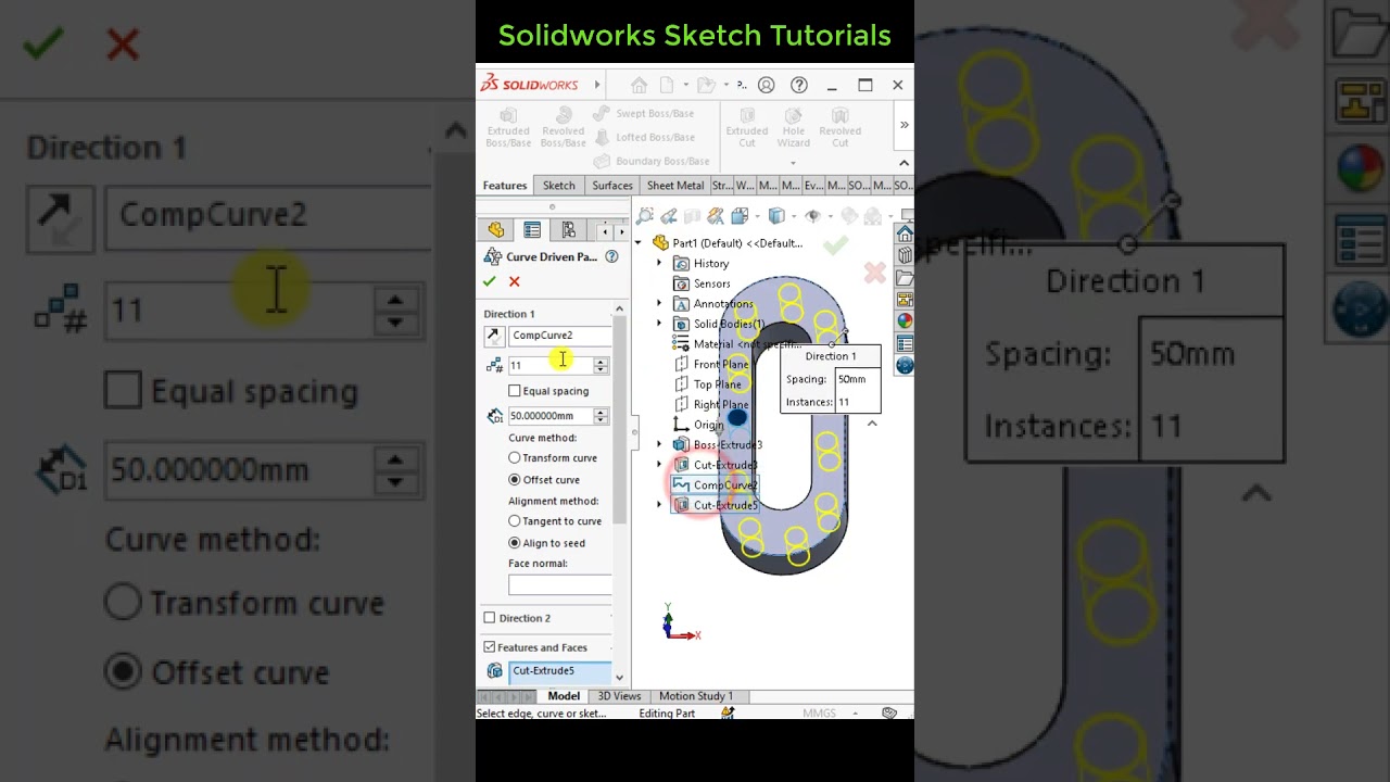 Solidworks tips |  Curve driven pattern #solidworkstutorial #pattern