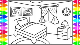How to Draw a Bedroom Step by Step for Kids 💚💜Bedroom Drawing | Bedroom Coloring Pages for Kids