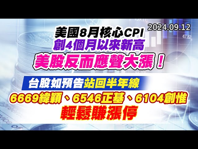 20240912《股市最錢線》#高閔漳 “美國8月核心CPI創4個月以來新高，美股反而應聲大漲！！””台股如預告站回半年線，6669緯穎、6546正基、6104創惟，輕鬆賺漲停”
