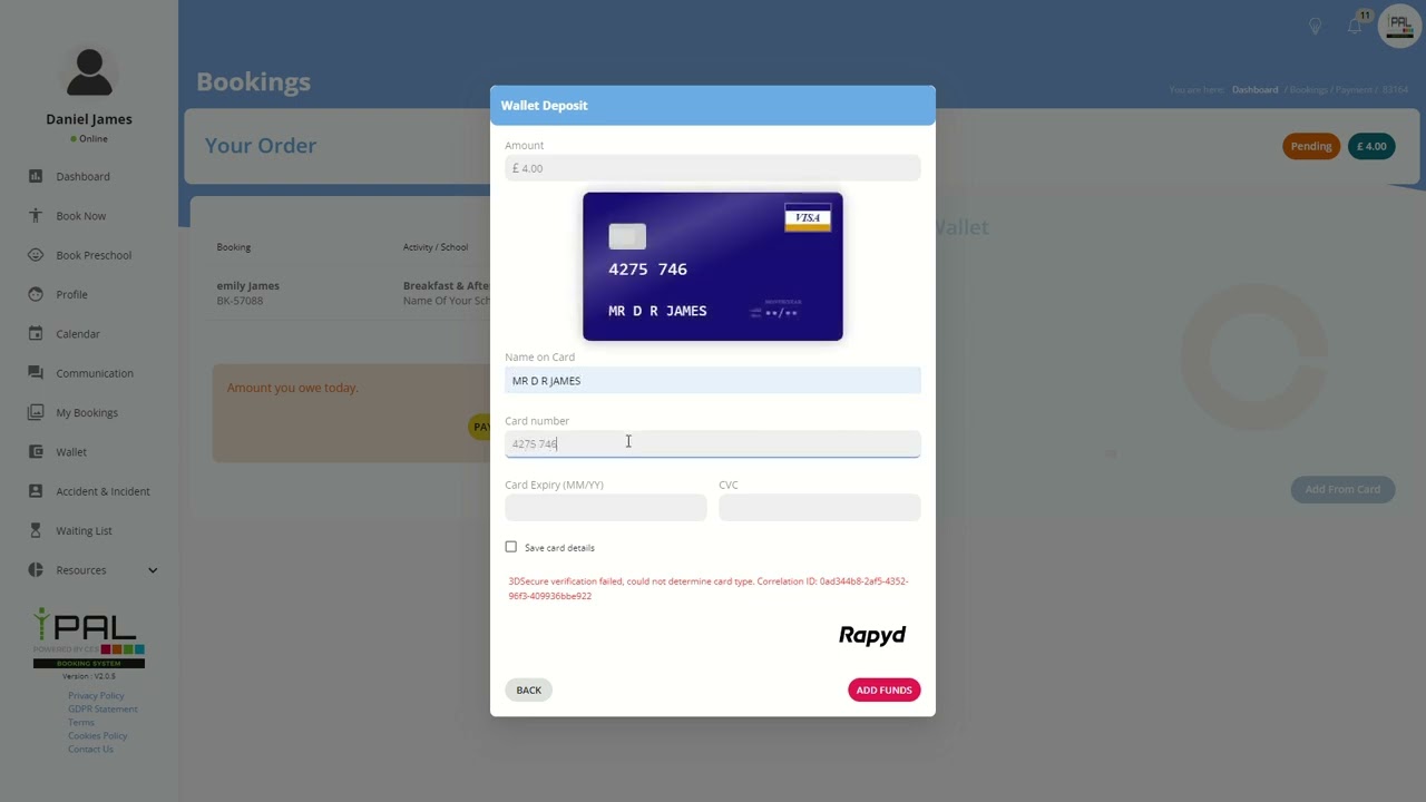 Paying for a booking by card