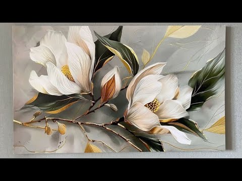 Magnolias with texture paste | Volumetric painting with magnolias | Bas-relief and gold on canvas