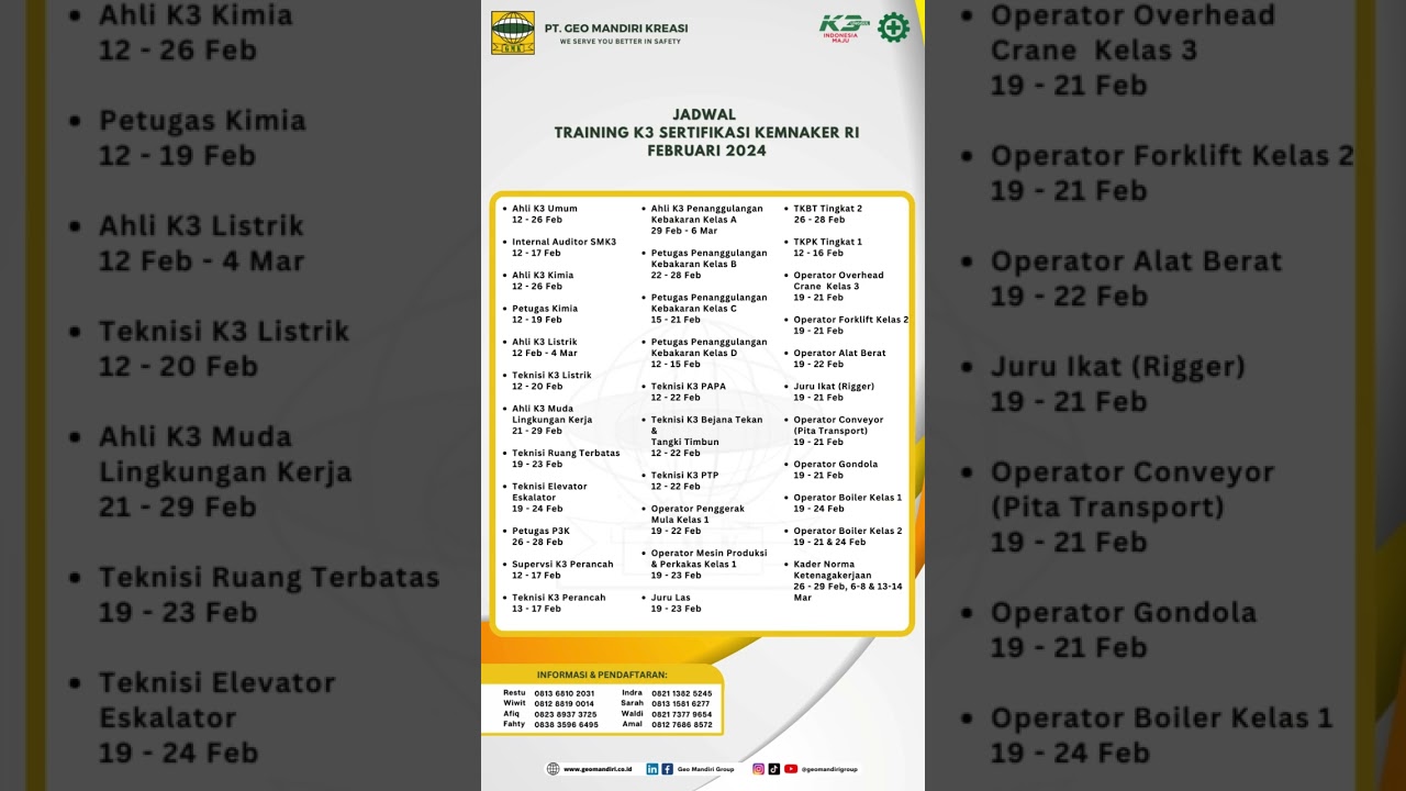 Jadwal Training K3 Februari 2024 - Geo Mandiri Group #hse #pelatihank3 #safetytraining