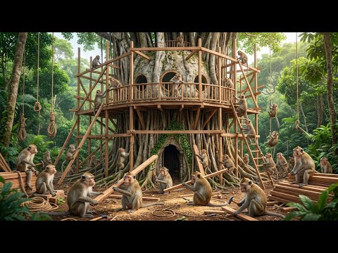 Indian monkeys build a shelter for hundreds of monkeys on a giant ancient tree (4K)
