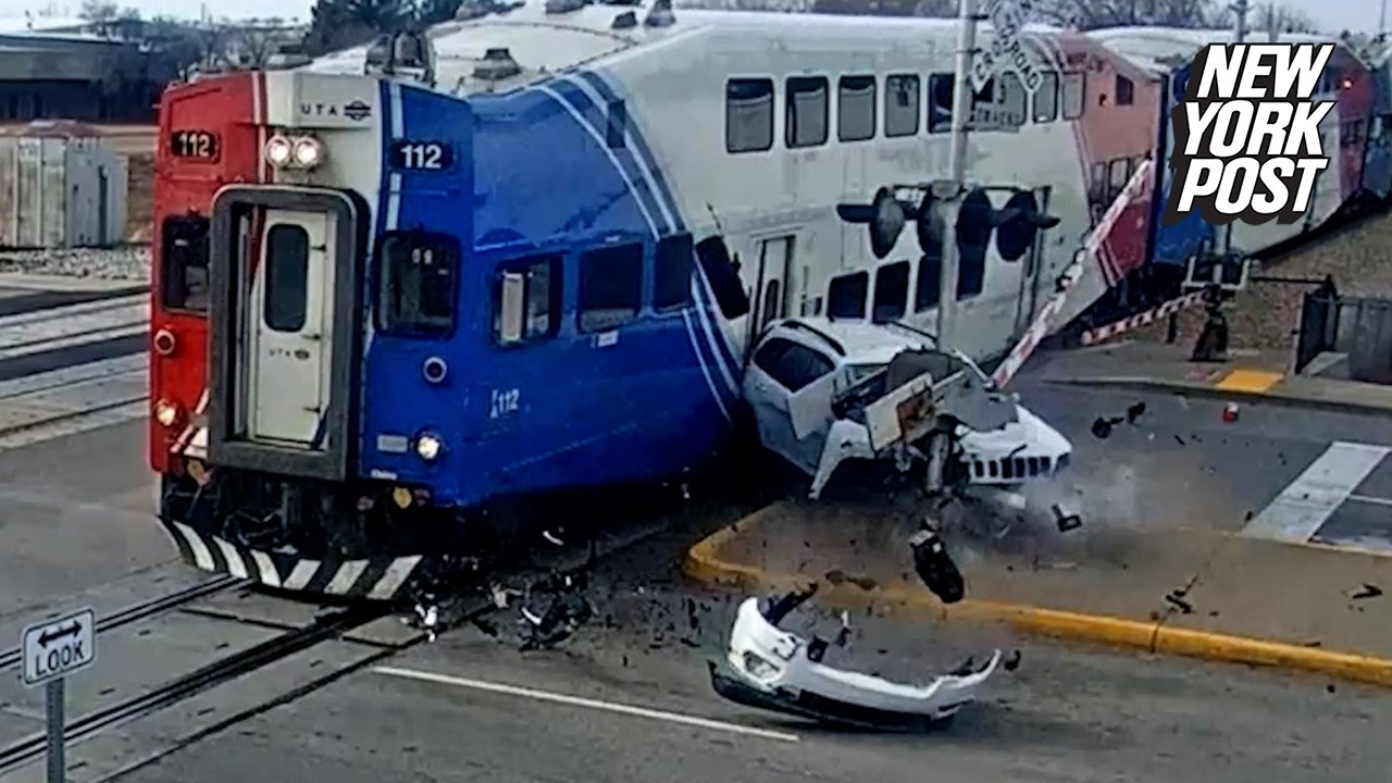 Heart-stopping moment train slams Into SUV seconds after driver’s escape