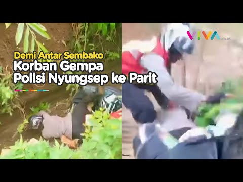 Polisi Tercebur ke Parit saat Antar Sembako Korban Gempa Cianjur