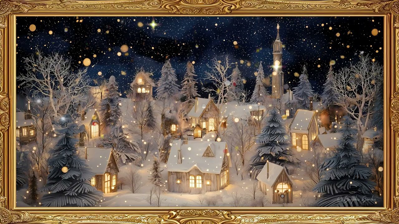 🎄 Christmas Night in a Snowy Mountain Village | Gold Frame TV Art + Peaceful 432 Hz Music (4K)