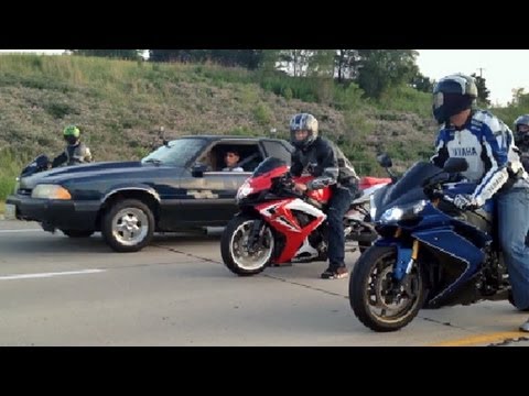 Beater Mustang vs Super Bikes!
