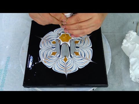 (492) BLACK & WHITE & GOLD ~ Cup bottom Reverse flower dip ~ Acrylic pour painting