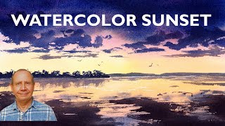 Watercolor painting of a sunset step by step. Reflections on water with sand and clouds. Watercolour