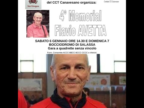 Bocce : Sorteggio 4° Memorial Flavio Avetta - Salassa (TO) - 6/7  Gennaio 2024