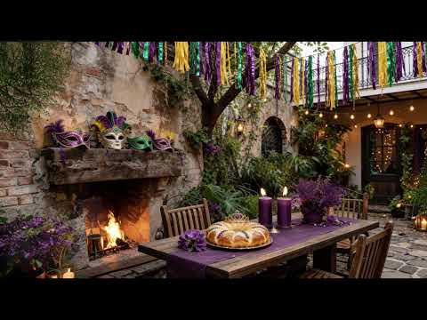 Mardi Gras Garden Party Ambience 🎭 Cozy New Orleans (NOLA) Jazz & Crackling Fireplace