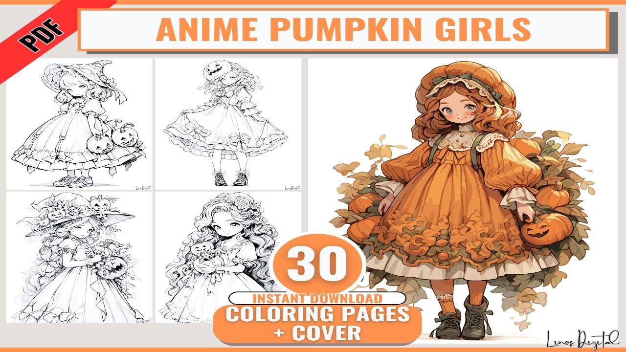 Anime Pumpkin Girls Adult Coloring Book 30 Halloween Coloring Pages,Printable PDF JPG,Grayscale