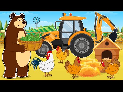 Working on the Farm: Tractor Backhoe Loader - Care and Feeding of Chickens | Vehicles Farm Animated