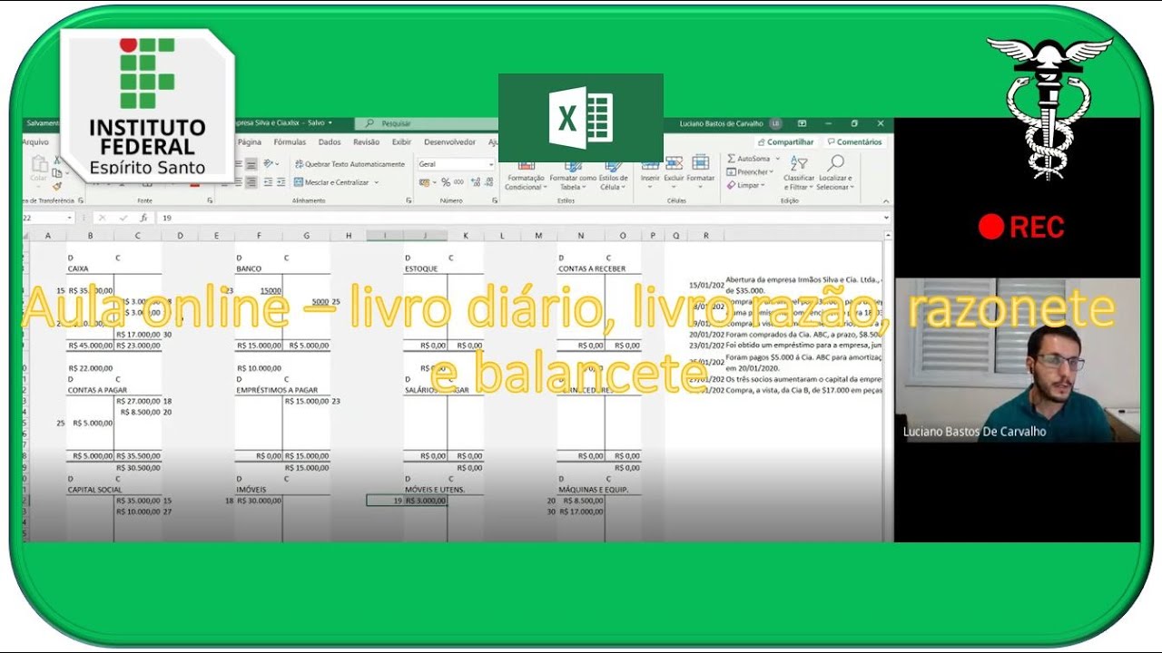 Aula online: livro diario, livro razão, razonete e balancete usando o Microsoft Excel