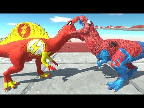 FLASH SPINOSAURUS vs SPIDER MAN T-REX DEATH ROAD - Animal Revolt Battle Simulator
