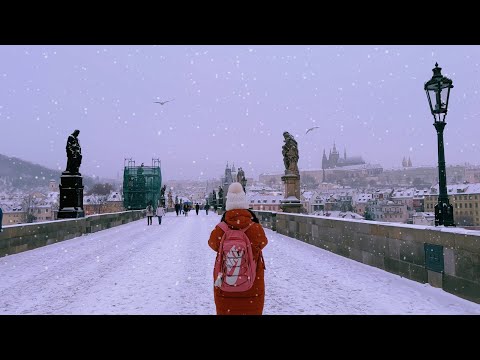 Walking in the Snow in Prague 4k HDR - Snowfall Ambience - Czech Republic